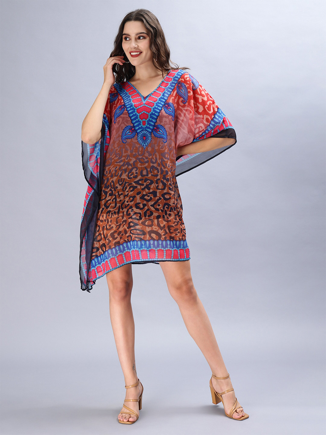 Aditi Wasan Abstract Print Chiffon V-Neck Kimono Sleeves Semi Sheer Kaftan Casual Dress