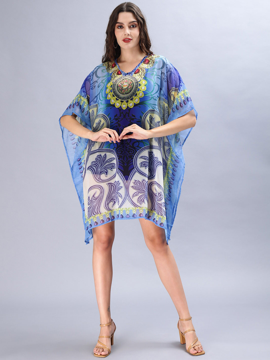 Aditi Wasan Floral Print Chiffon V-Neck Kimono Sleeve Semi Sheer Kaftan Dress