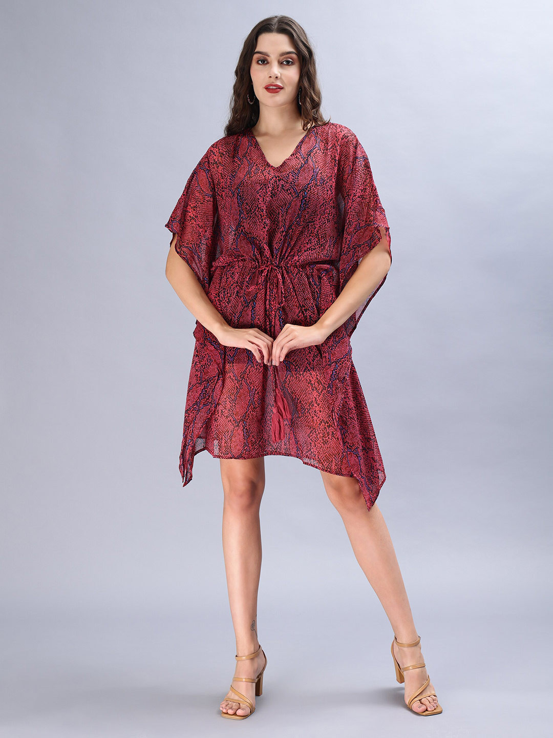 Aditi Wasan Abstract Print V-Neck Kimono Sleeve Chiffon Semi Sheer Kaftan Midi Dress