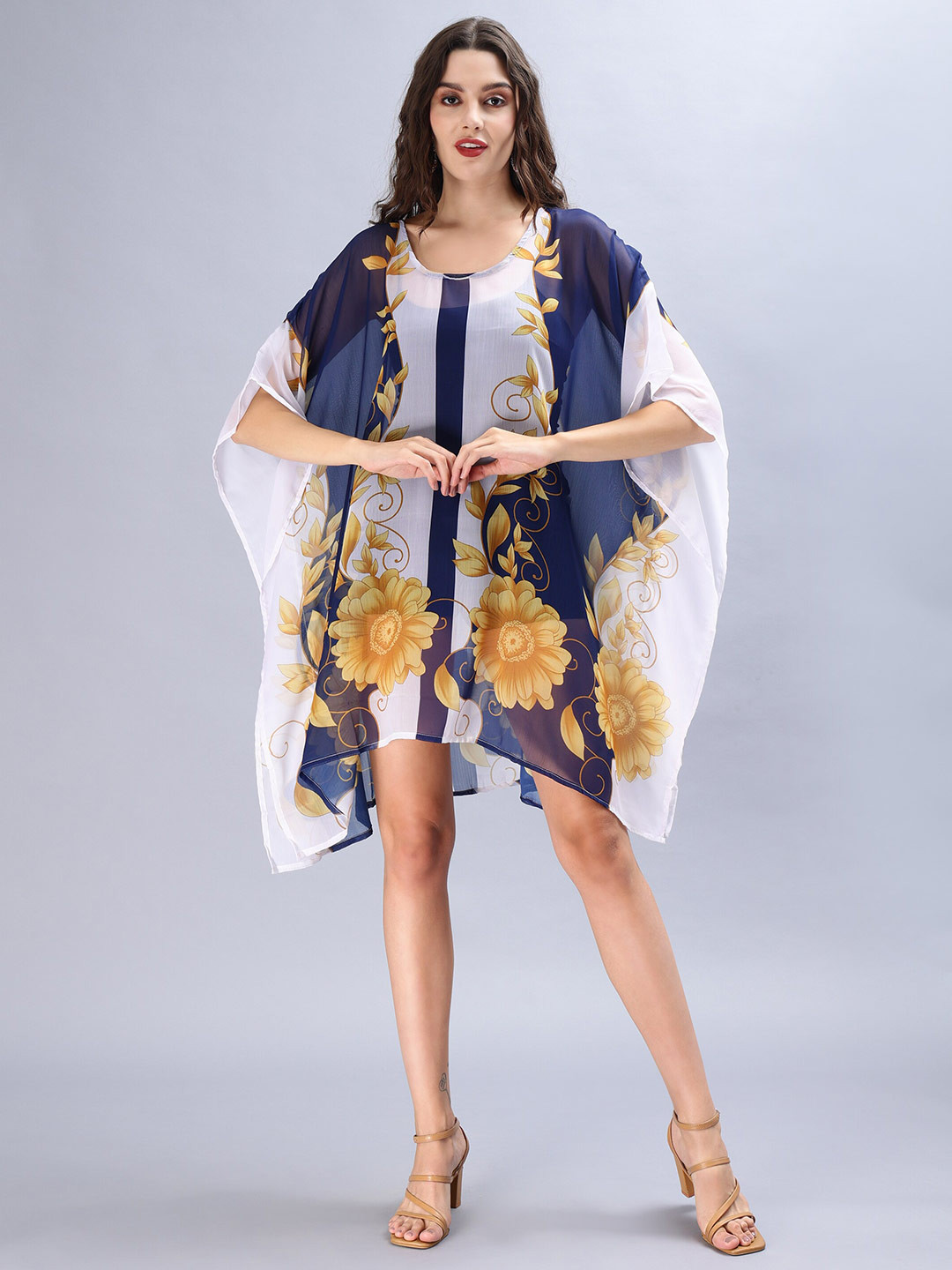 Aditi Wasan Floral Print Chiffon Round Neck Kimono Sleeves Semi Sheer Kaftan Dress