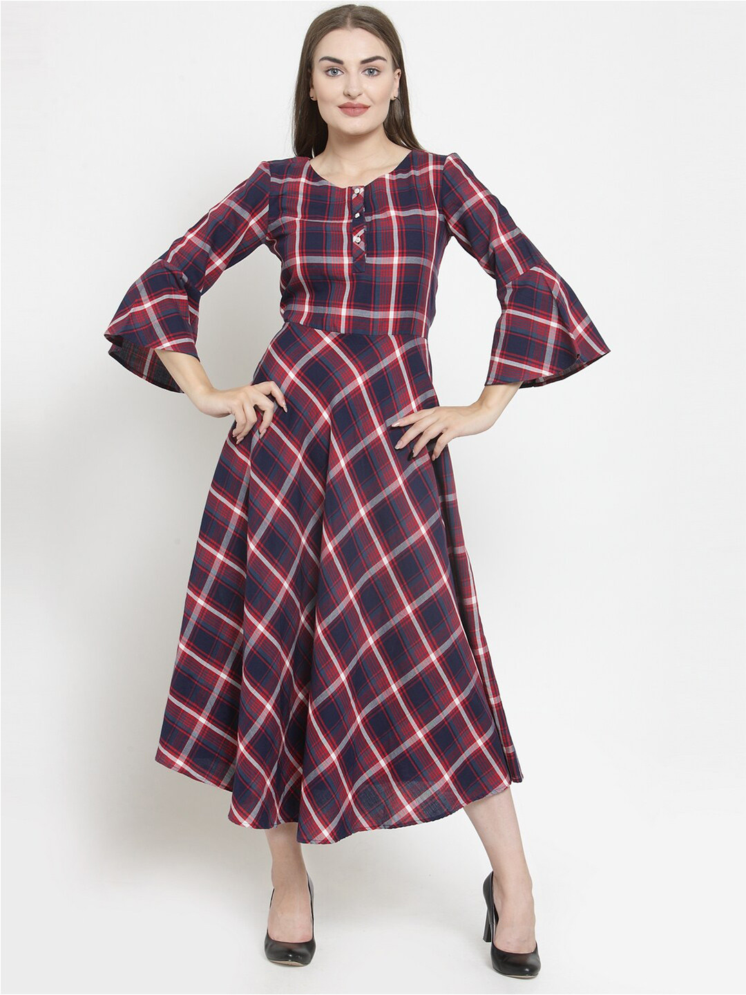 Purple State Checked Bell Sleeves Fit & Flare Cotton Midi Dress