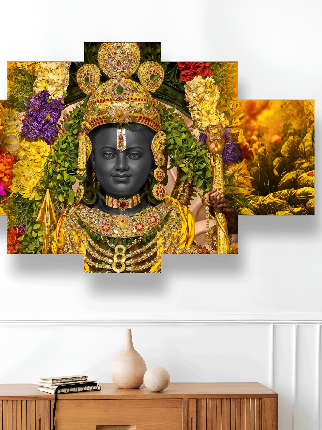 SAF Gold Toned & Green 5 Piece Synthetic Wooden Religious Paintings Wall Art