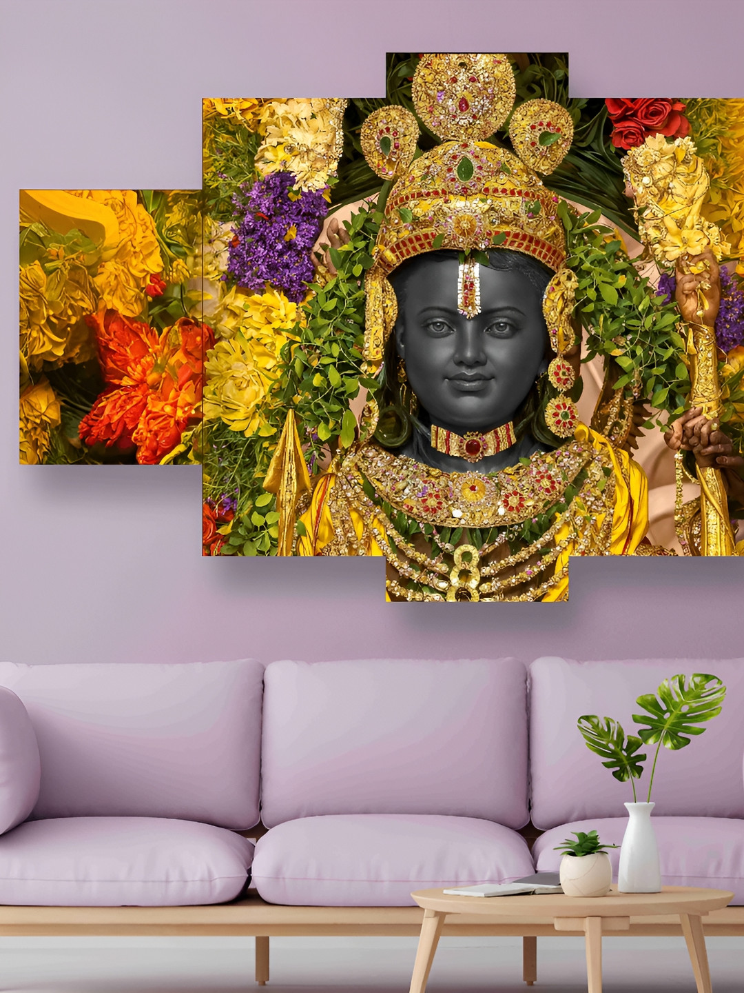 SAF Ram Lalla Ayodhya Mandir Synthetic Wood 5 Piece Wall Paintings Wall Art - 60 x 30 In