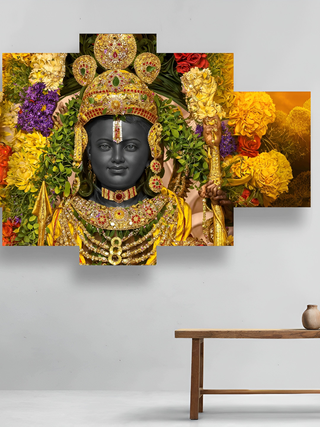 SAF Gold Toned & Green 5 Piece Synthetic Wooden Religious Paintings Wall Art