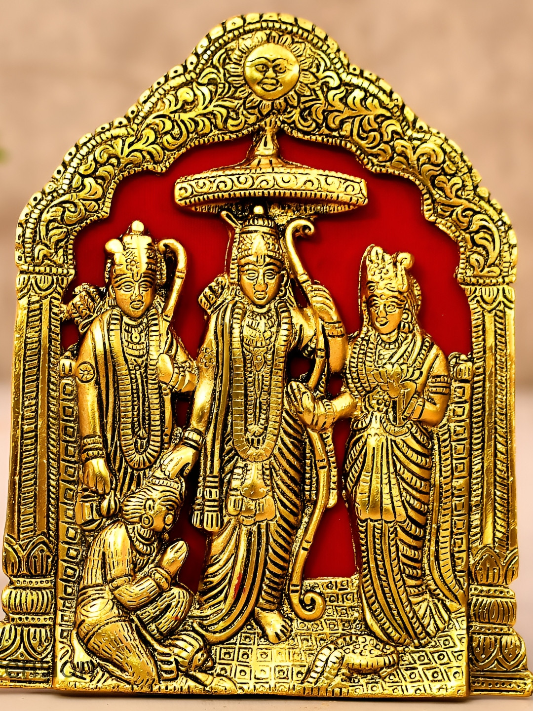 Ascension Lord Ram, Laxman, Sita and Hanuman Gold Metal Metallic Prayer Room Medium Showpiece - 8.2 Inches