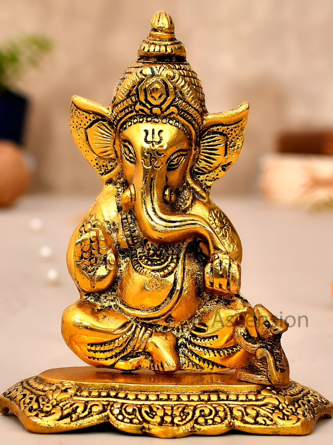 Ascension Ganesh Gold Metal Metallic Prayer Room Large Showpiece - 6.8 Inches