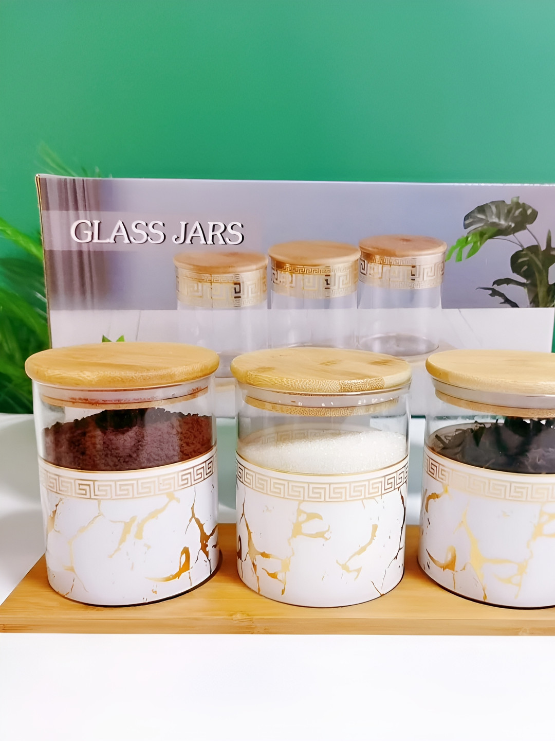 The Better Home Transparent Marble Borosilicate Glass 3 Piece Clip-On Canister-850ml