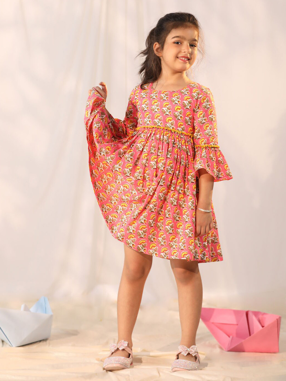 VASTRAMAY Girls Floral Printed Bell Sleeve Cotton A-Line Dress