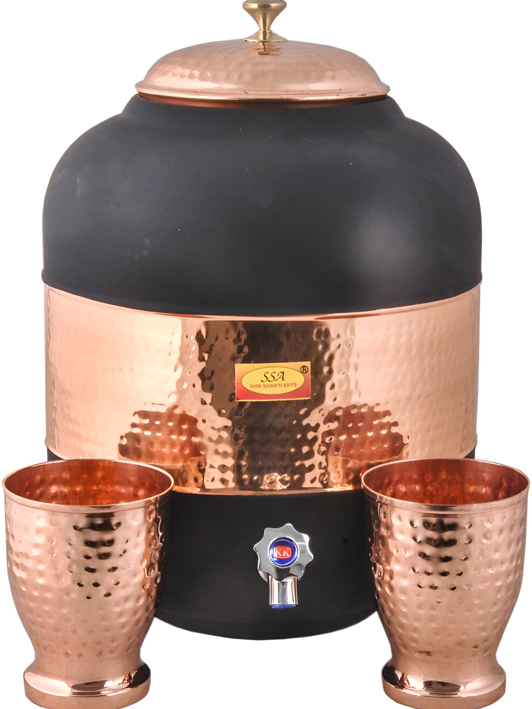 Shivshakti Arts Bronze & Black 3 Pieces Copper Water Dispenser Container And Water Glass