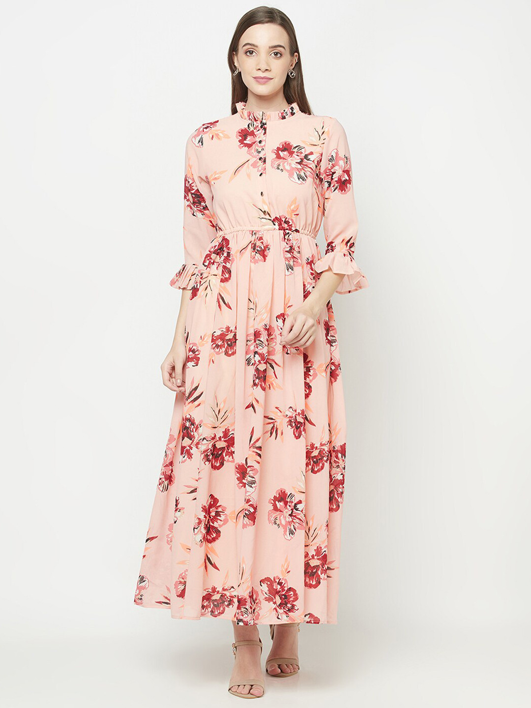 Purple State Floral Print Round Neck Bell Sleeves Georgette Maxi Dress