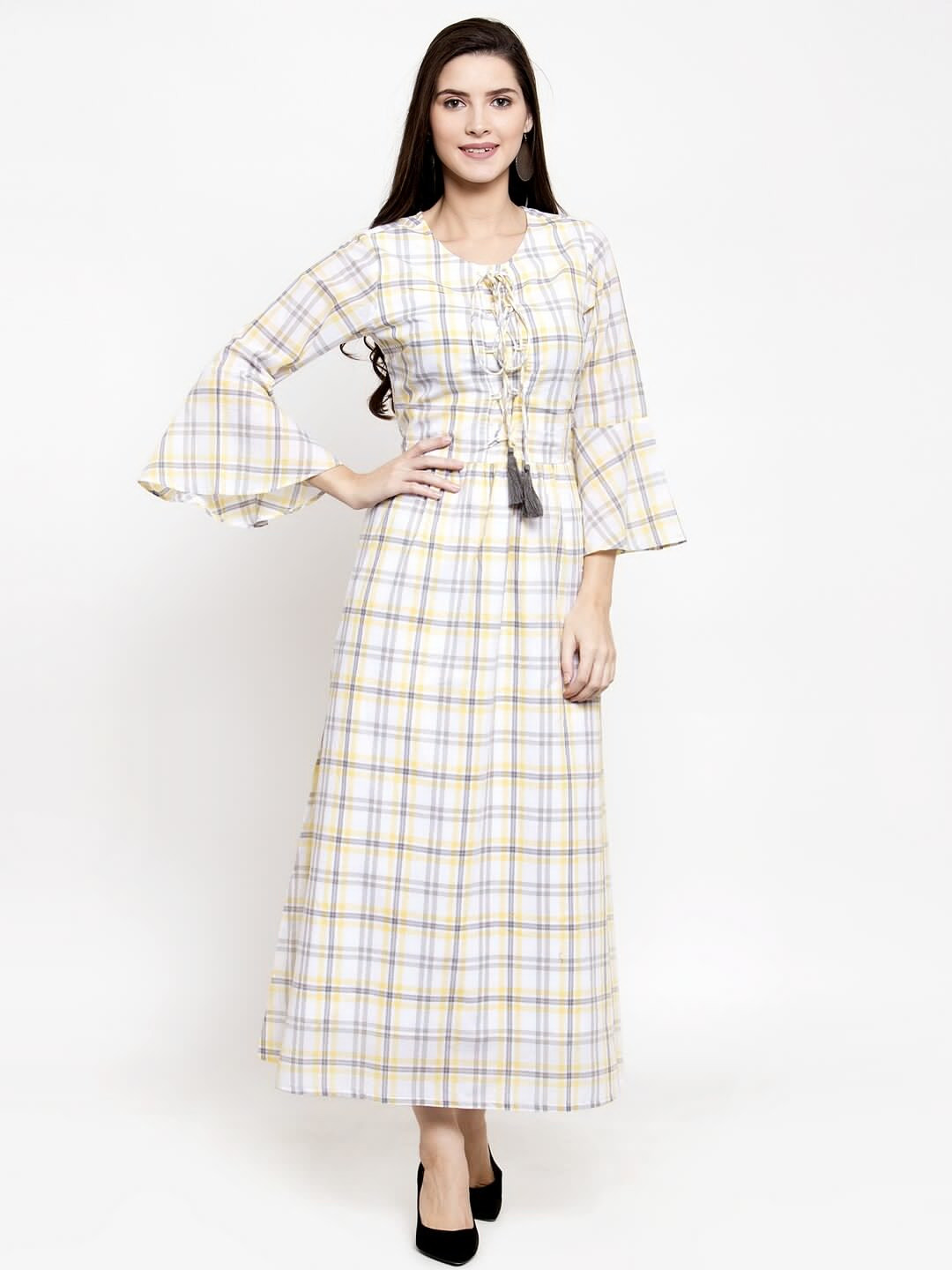 Purple State Checked Bell Sleeves Round Neck Cotton Maxi Dress