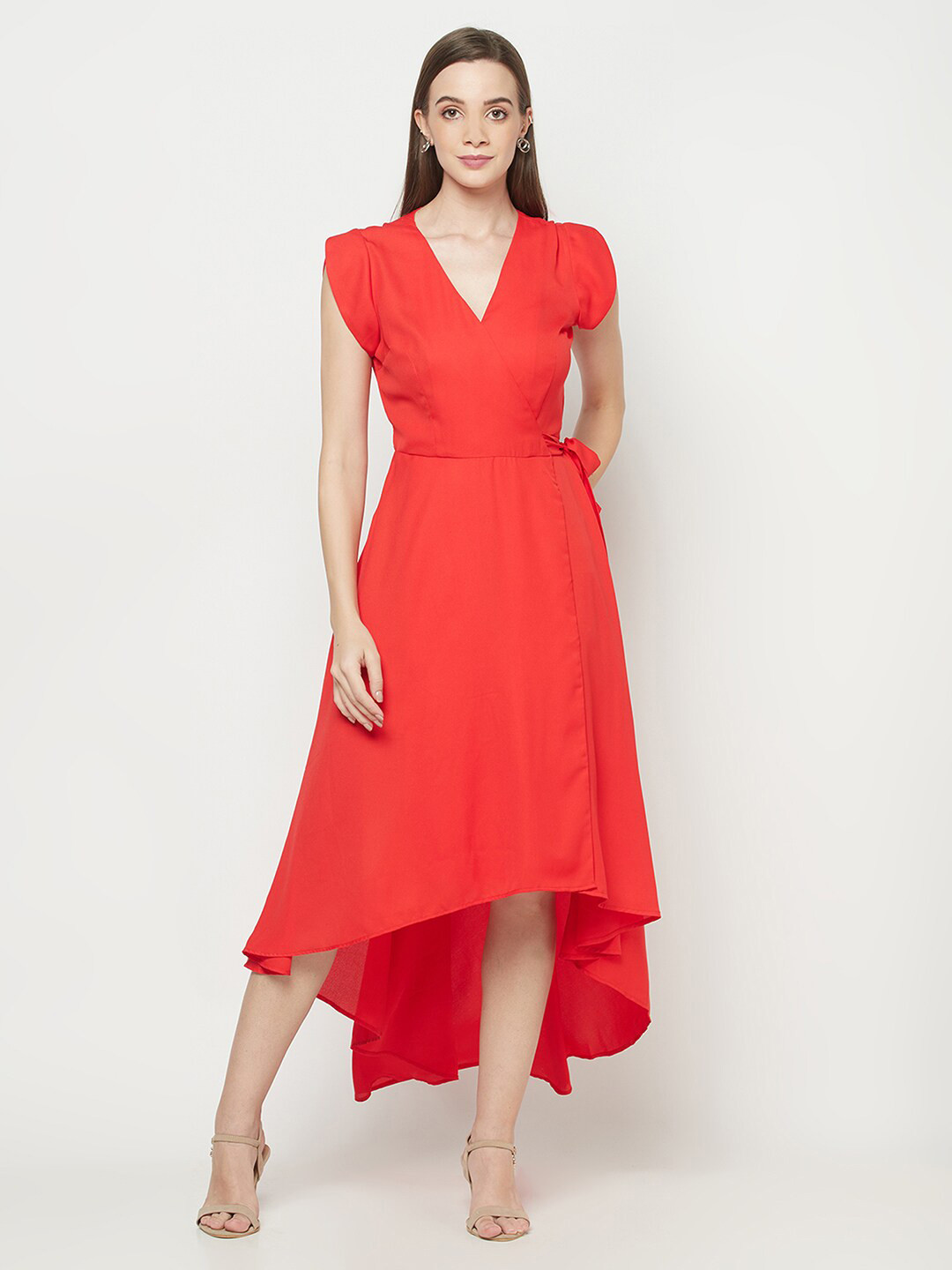 Purple State V-Neck Cap Sleeves High-Low Wrap Maxi Dress