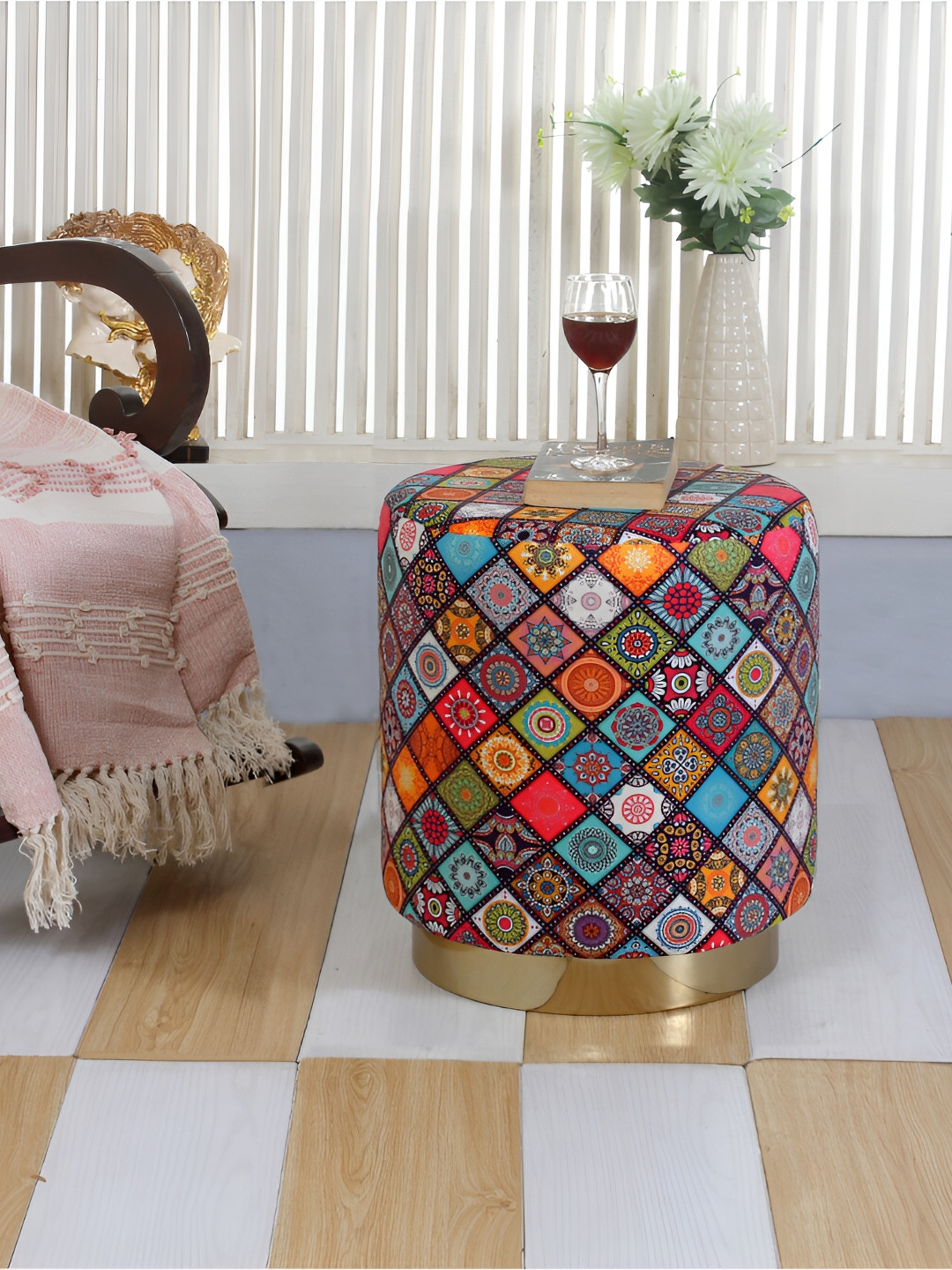 Shadowkart Blue & Pink Printed Wooden Round Pouffes Sitting Mudda Puffies Stool Ottoman