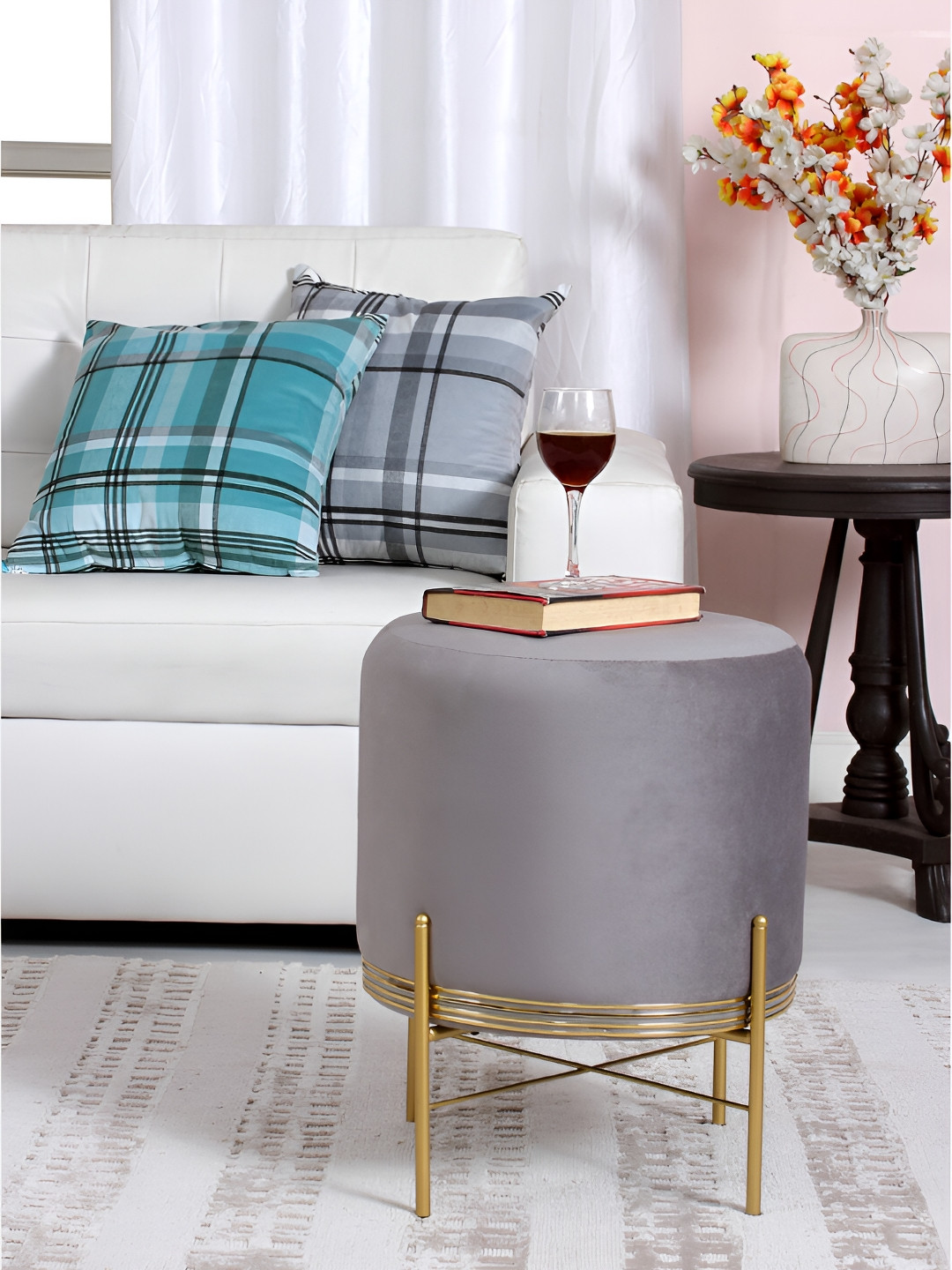 Shadowkart Grey & Gold Toned Wooden Round Pouffe Ottoman