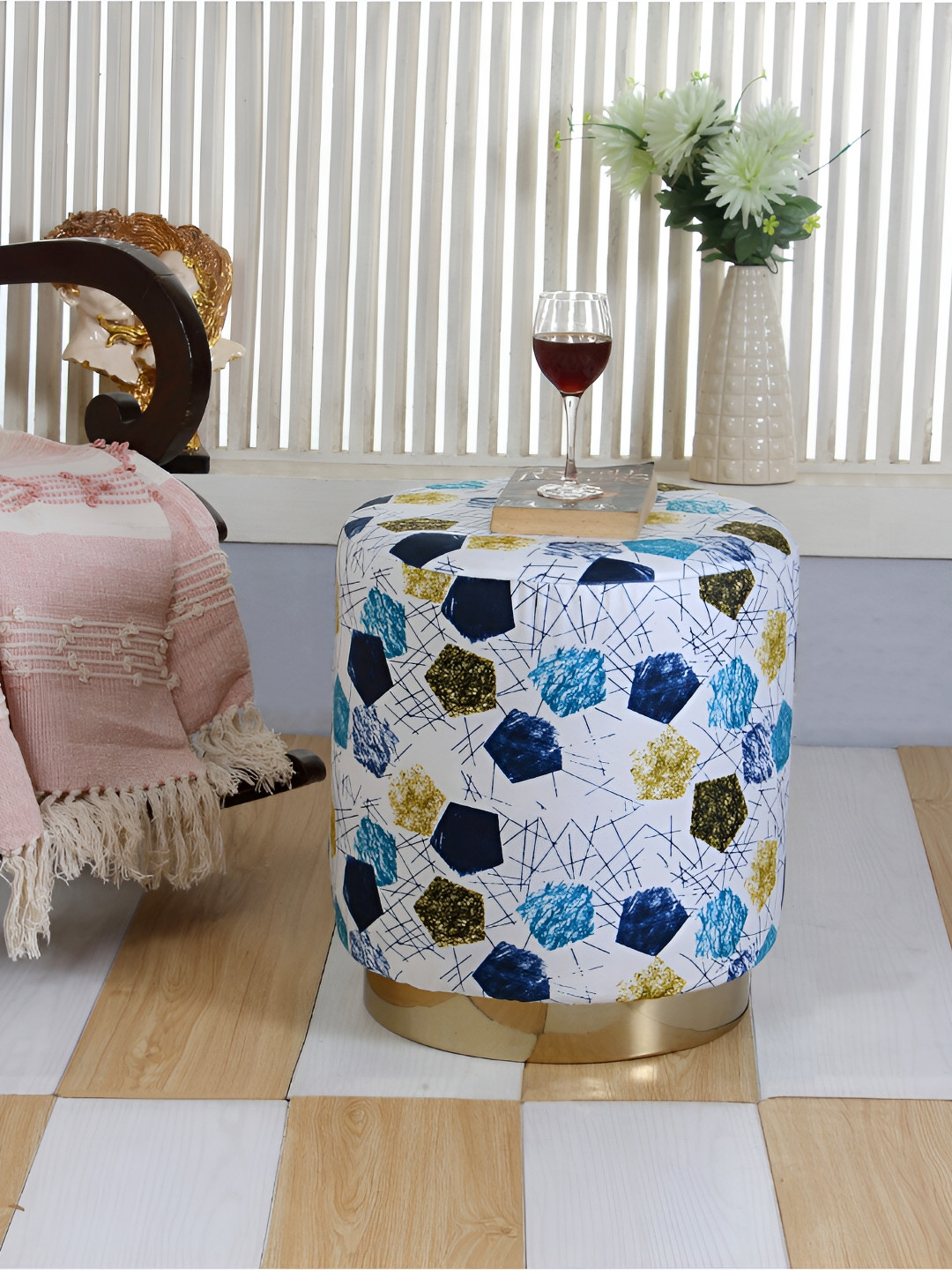 Shadowkart Geometric Printed Wooden Ottoman