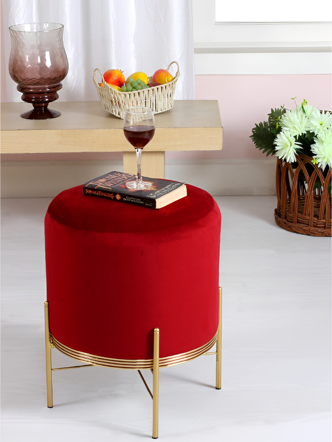 Shadowkart Red Wooden Round Ottoman