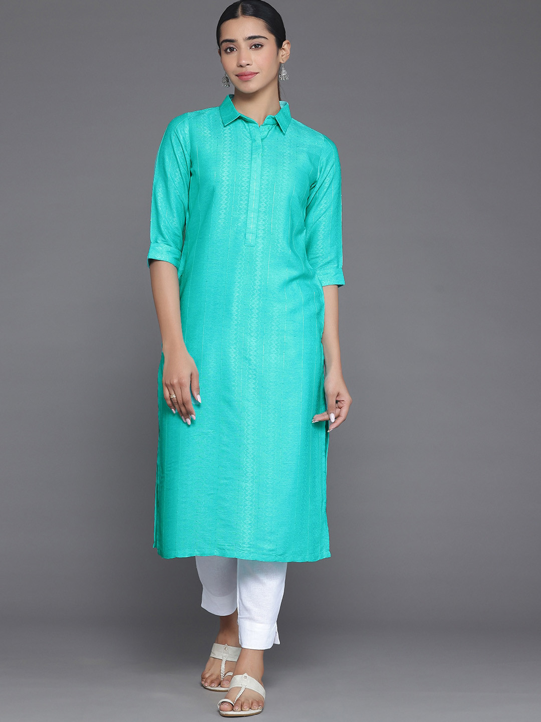 Libas Shirt Collar Three Quarter Sleeves Cotton Kurta
