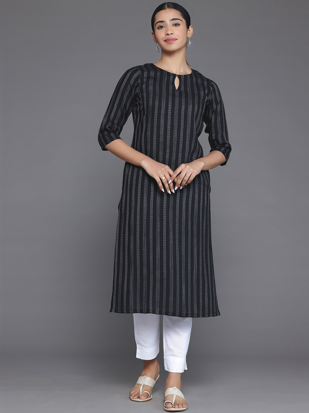 Libas Striped Keyhole Neck Thread Work Jacquard Kurta