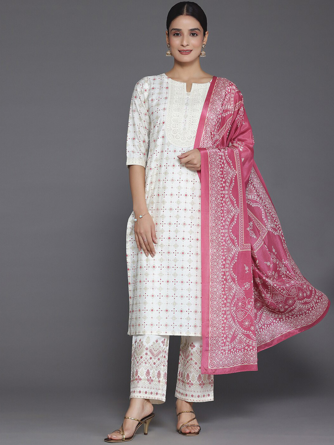 Libas White Ethnic Motifs Printed Thread Work Straight Kurta With Trousers & Dupatta