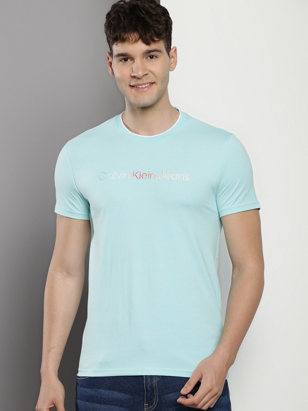 Calvin Klein Jeans Brand Logo Printed Cotton Round Neck Short Sleeves Slim Fit Casual T-shirt