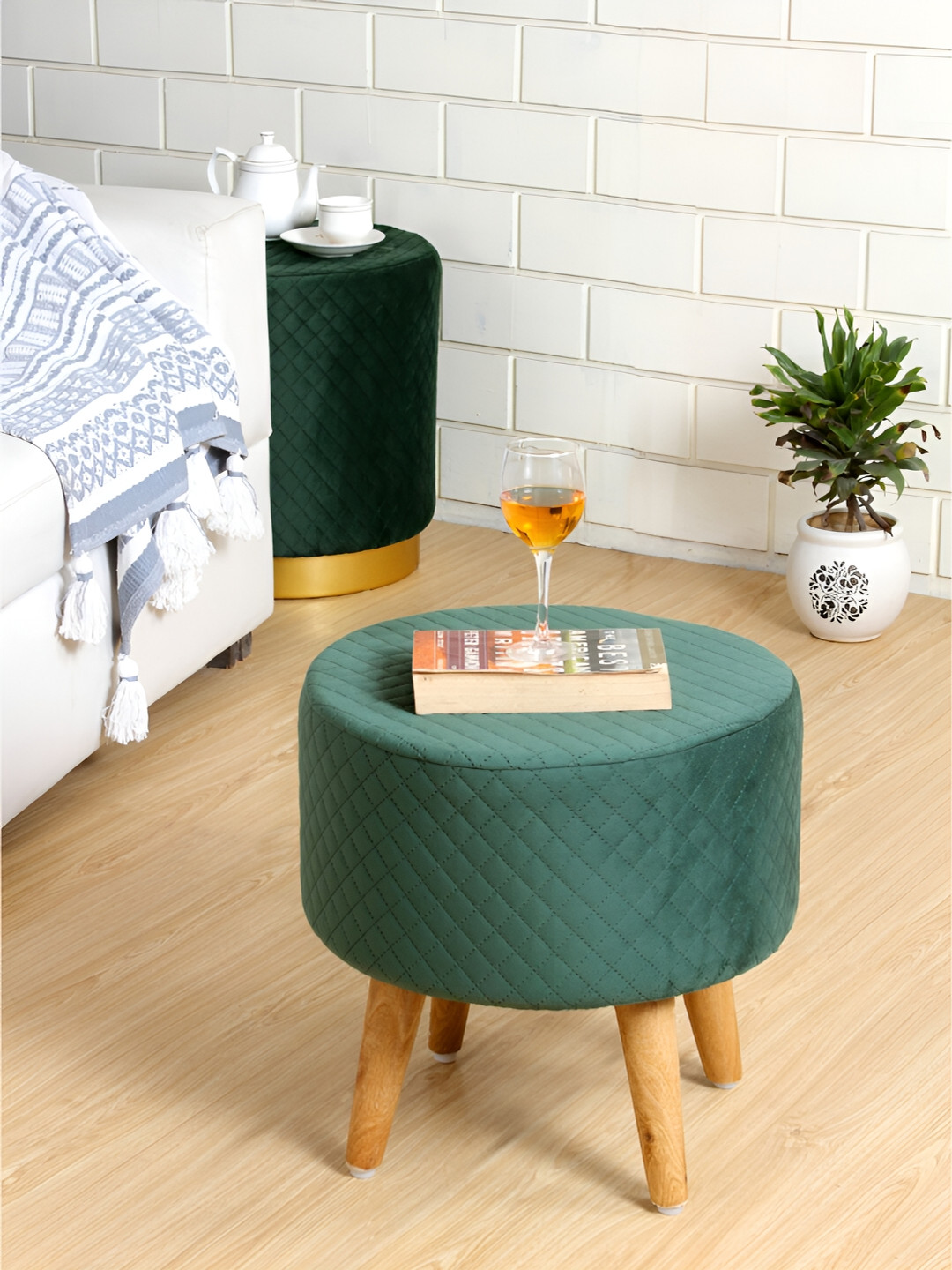 Shadowkart Green Quilted Wooden Ottomans