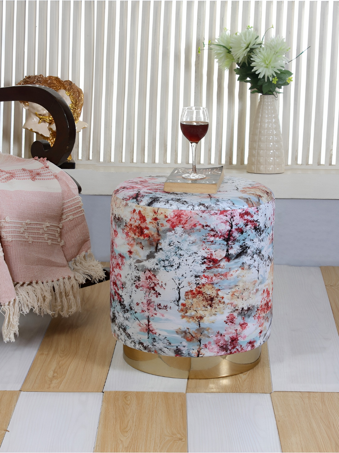 Shadowkart White & Grey Printed Pouffes Sitting Mudda Puffies Stool Ottoman