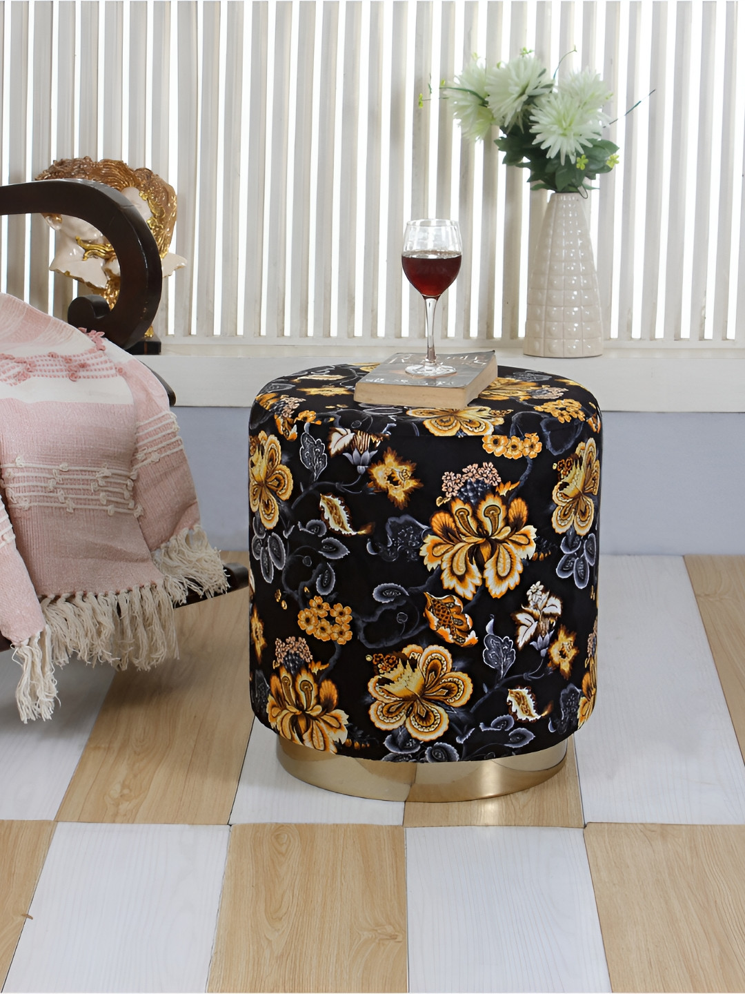 Shadowkart Black Printed Wooden Velvet Pouffes Sitting Mudda Puffies Stool Ottoman