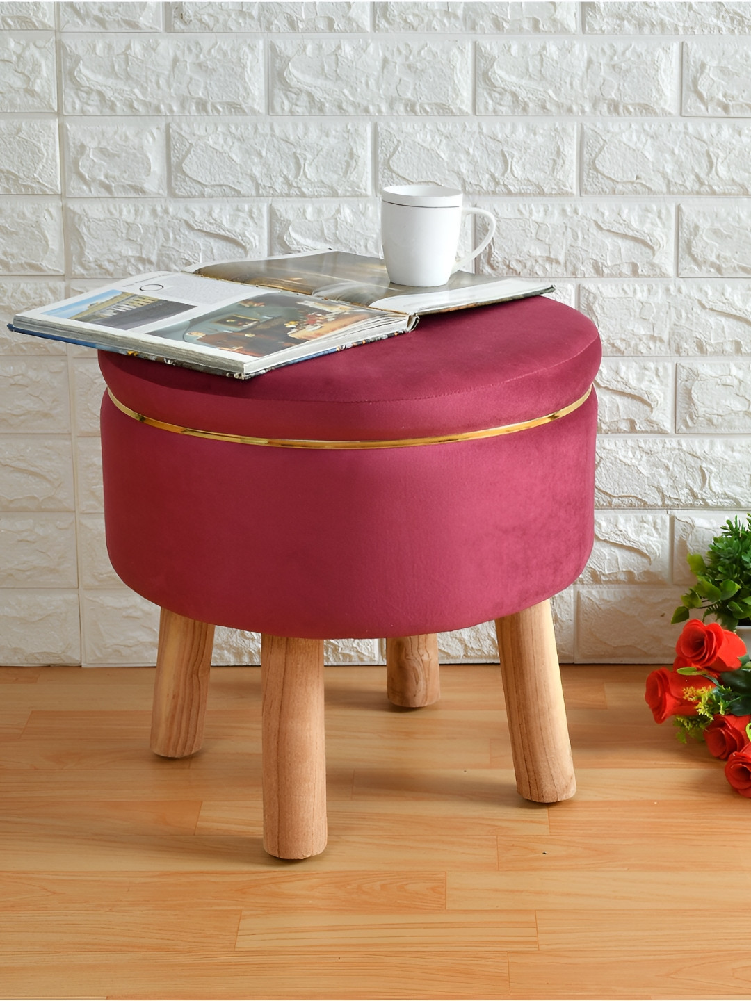 Shadowkart Gold Toned & Red Round Velvet Tufted Ottomans