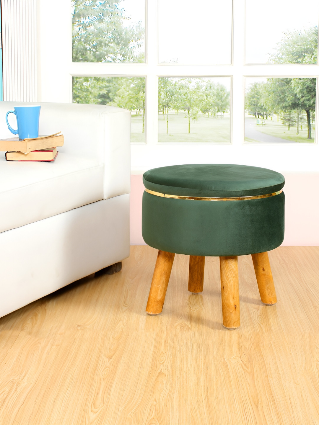 Shadowkart Green1 Solid Wooden & Velvet Stool Ottoman