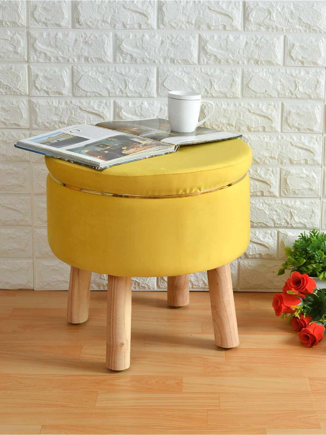 Shadowkart Yellow Wooden & Velvet Ottoman Pouffe Stool