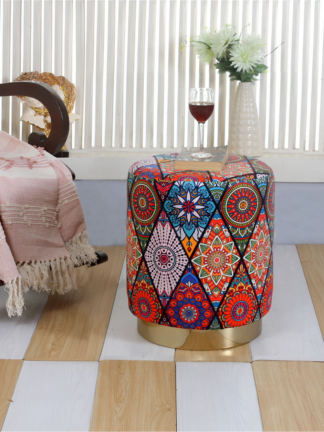 Shadowkart Orange & Blue Ethnic Motifs Printed Wooden & Velvet Pedestal Stool Ottoman