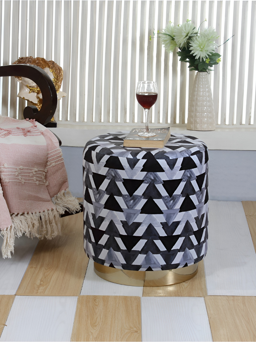 Shadowkart Grey & Black Geometric Printed Wooden Base & Velvet Seat Ottoman