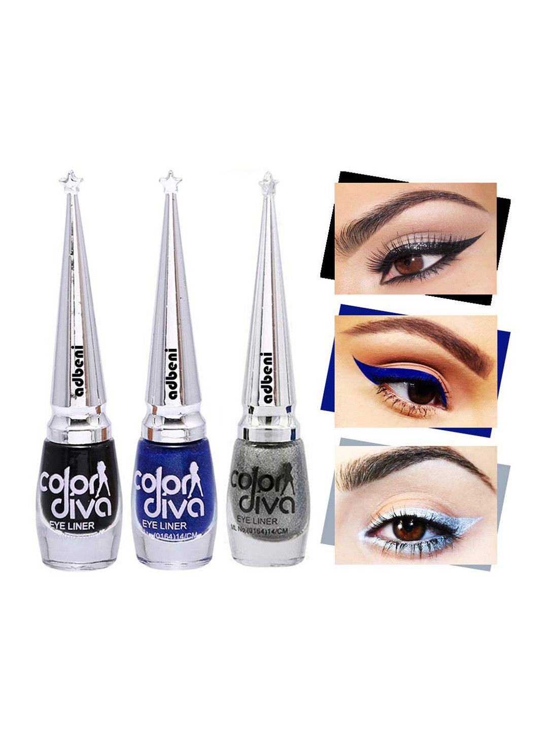 Adbeni Color Diva Set Of 3 Long Lasting Liquid Eyeliner-6ml Each- Black-Blue-Silver