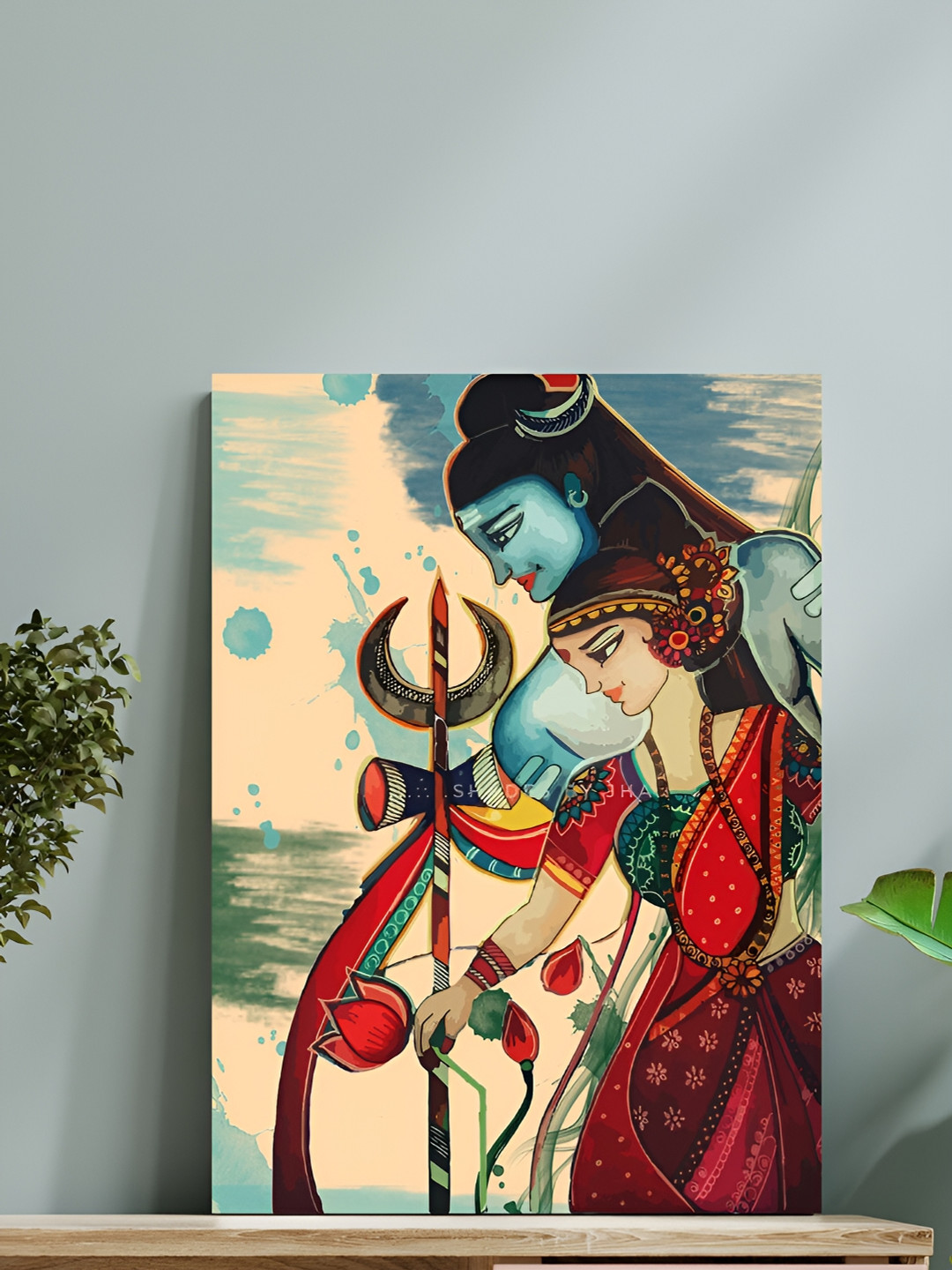 Art Street Peach-Coloured & Red Lord Shiva with Parvati Madhubani Wall Art