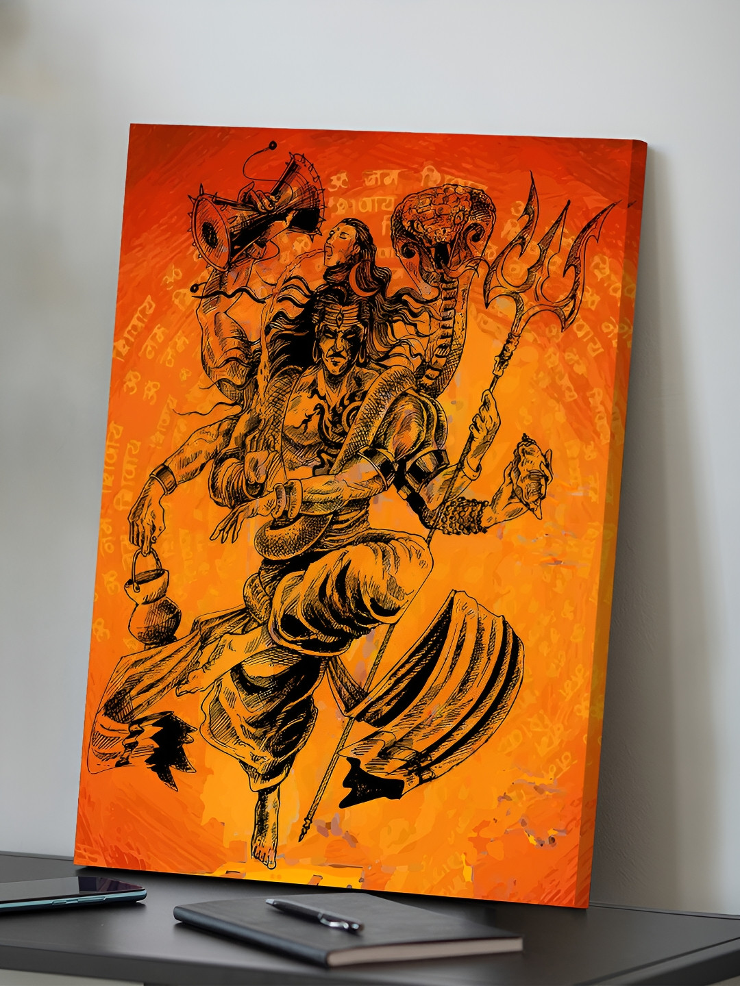 Art Street Orange Lord Shiva Tandav Stretched Canvas Religious Wall Art