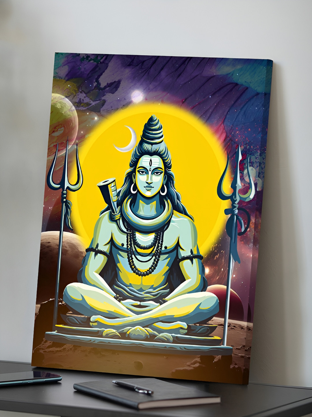 Art Street Yellow & Blue Lord Mahadev Canvas Religious Painting Wall Art