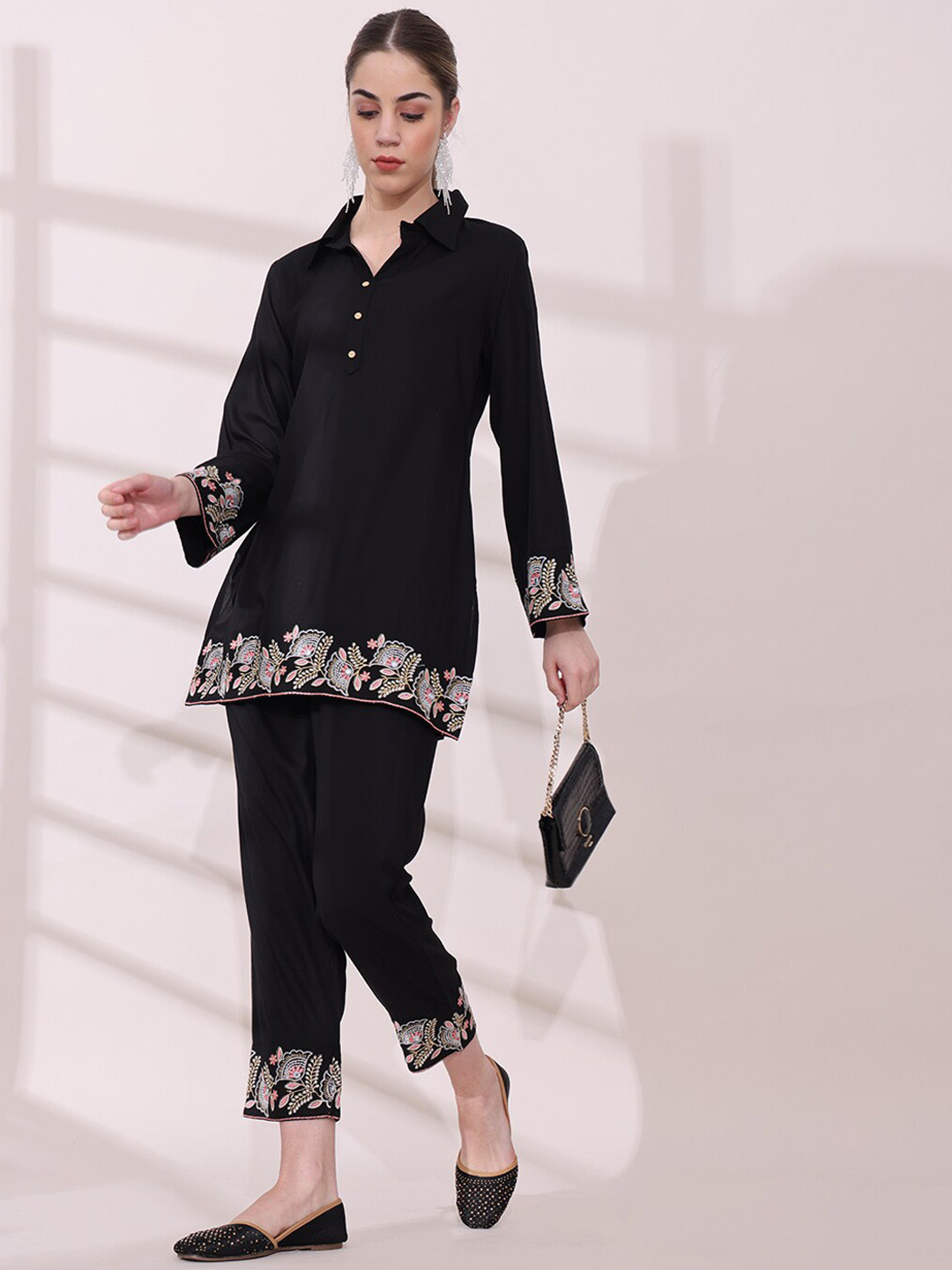 Anouk Black Floral Embroidered Regular Kurti with Trousers
