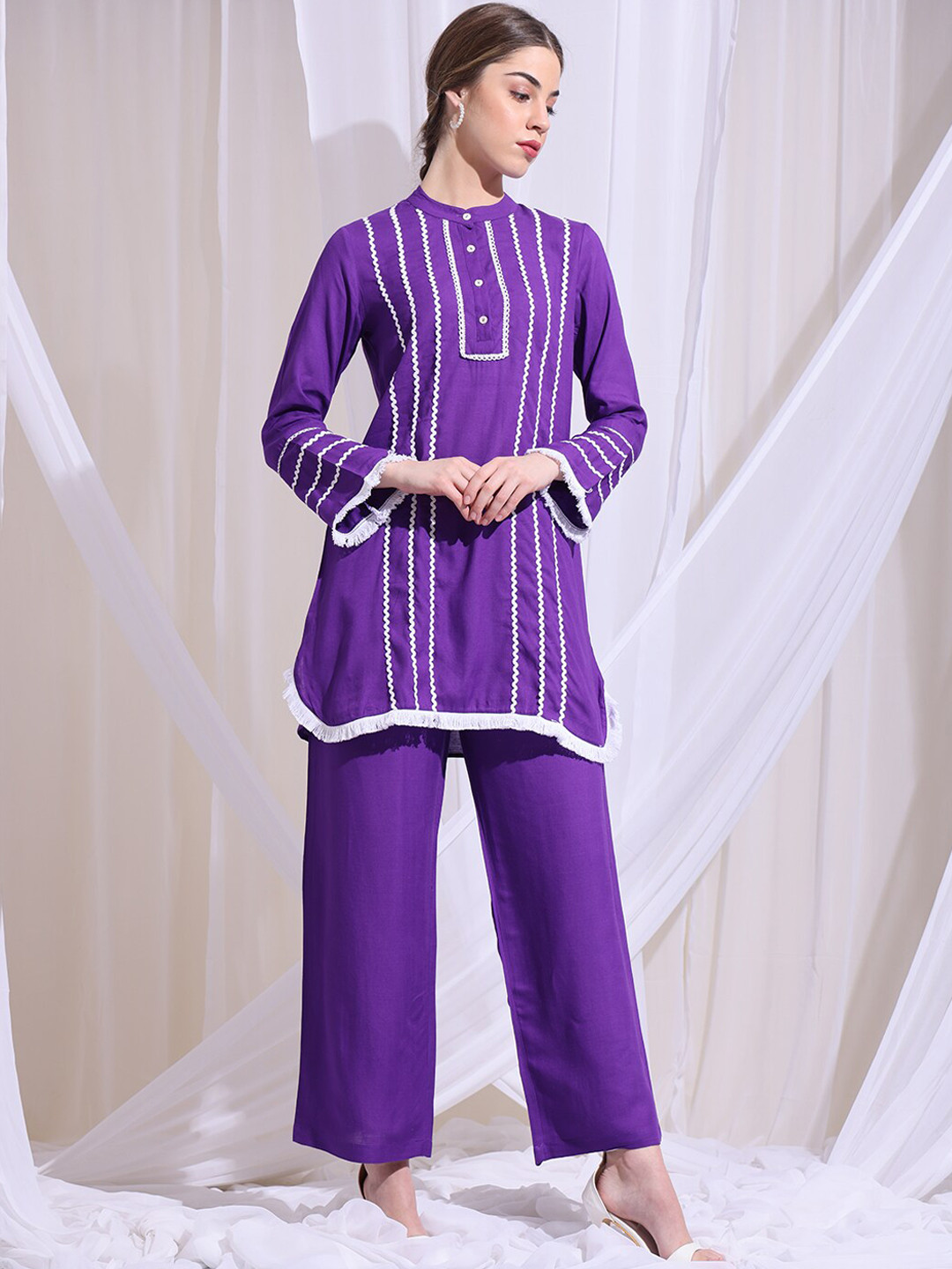 Anouk Mandarin Collar Long Flared Sleeves Gotta Patti Straight Kurta with Palazzo