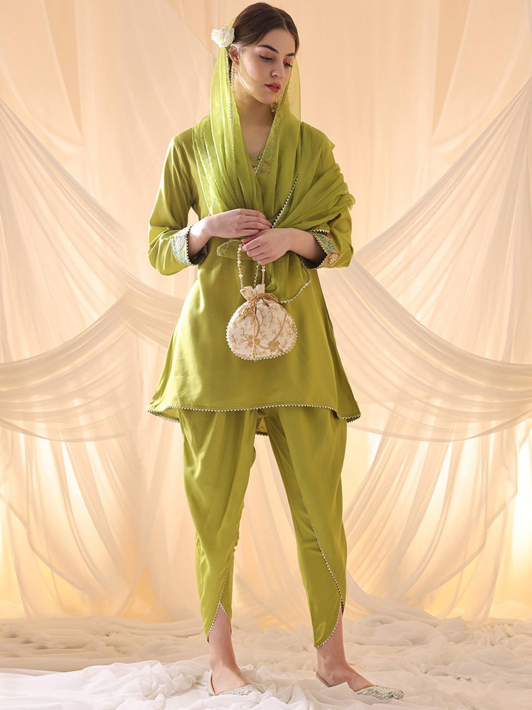 Anouk Floral Yoke Design Regular Kurta with Dhoti Pants & With Dupatta