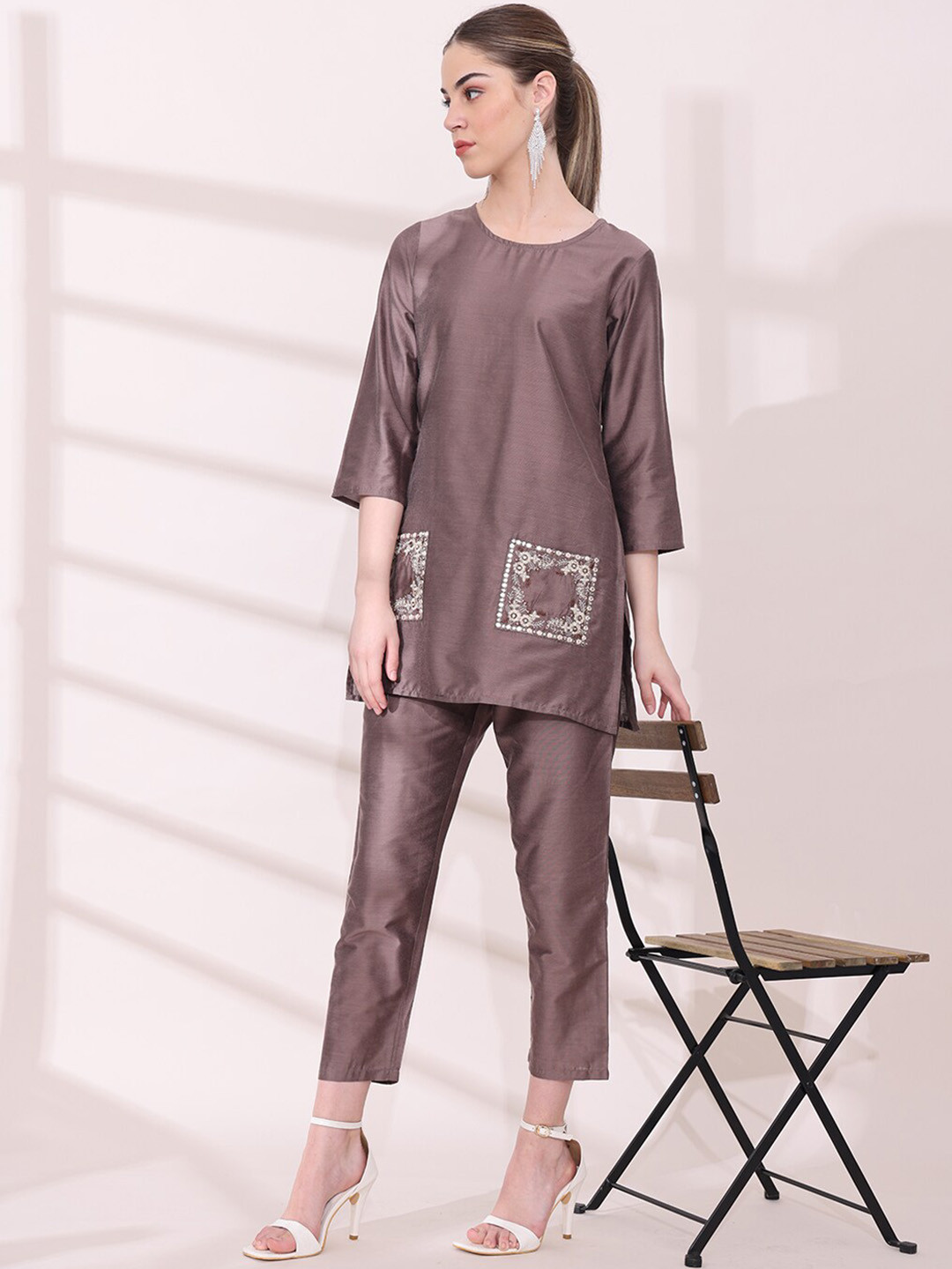Anouk Brown Embroidered Round Neck Kurti with Trousers