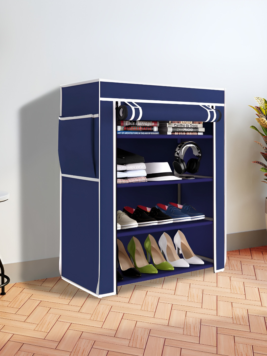 Pamworld Navy Blue Metal 4 Layer Shoe Racks