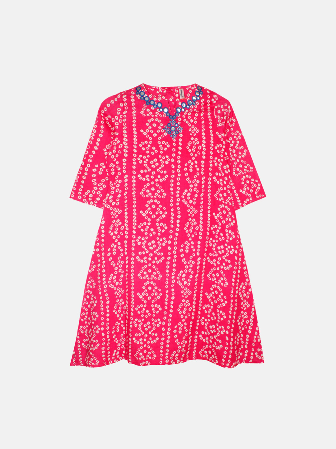 KiddoPanti Girls Bandhani Printed Flared Sleeves Mirror Work Anarkali Kurta