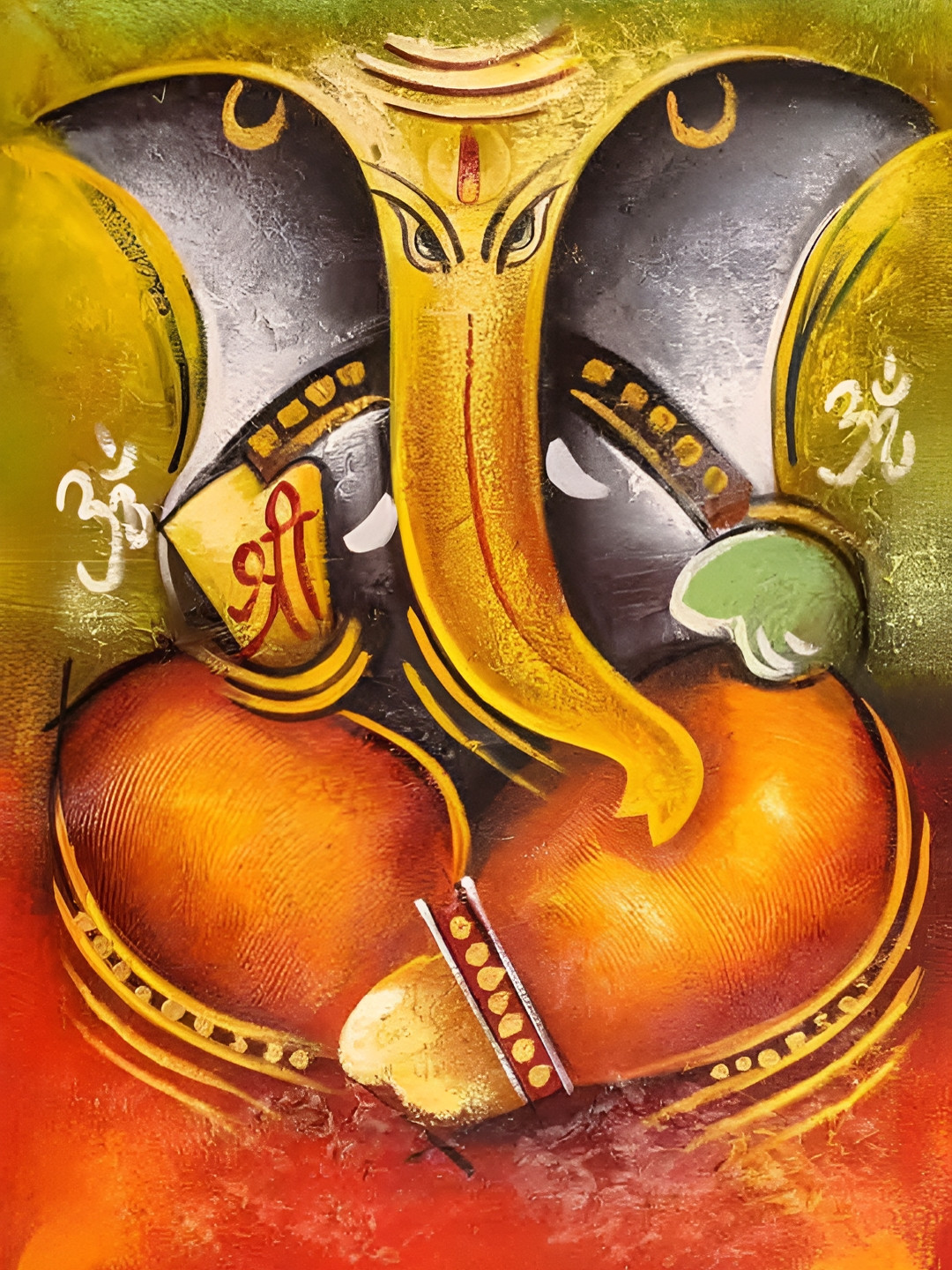 British Terminal Yellow & Brown Lord Ganesha Paper Religious Painting Wall Art