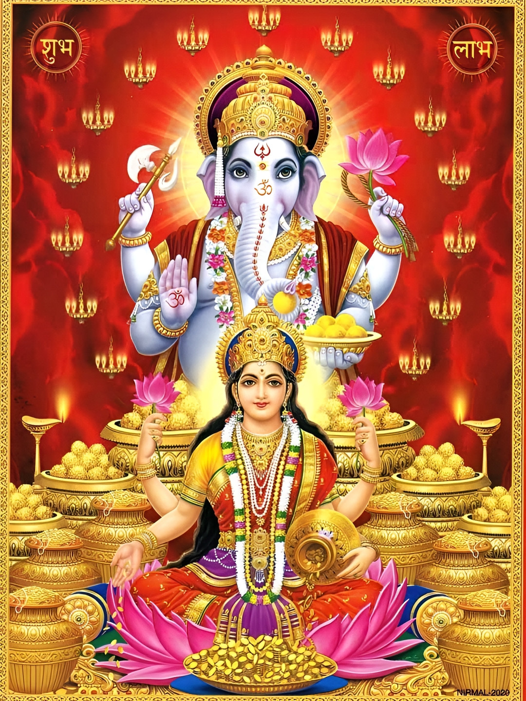 British Terminal Red & Gold Toned Lord Ganesha with Goddess Lakshmi Maa Wall Art