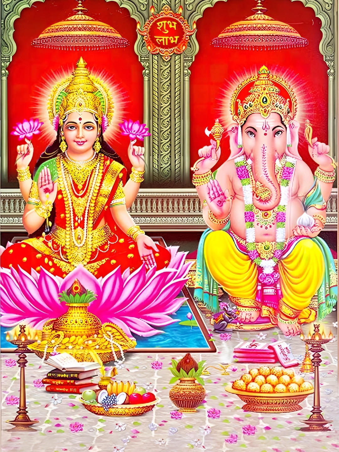 British Terminal Red & Pink Paper Lord Ganesha with Goddess Lakshmi Maa Wall Painting