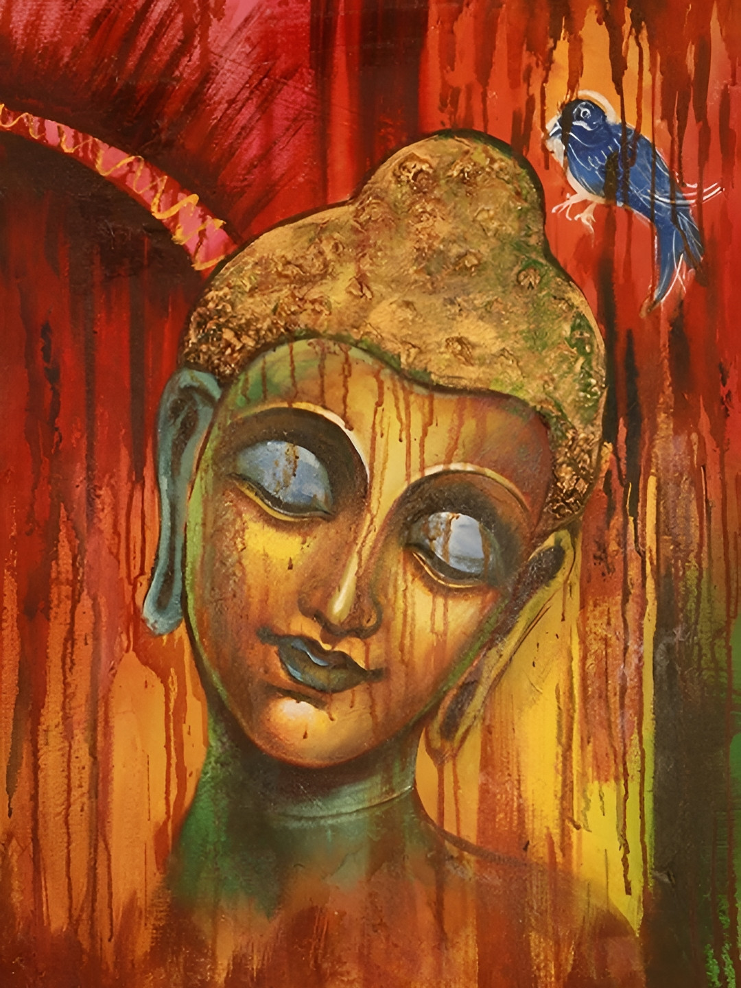 British Terminal Yellow & Red Lord Gautam Buddha Wall Art