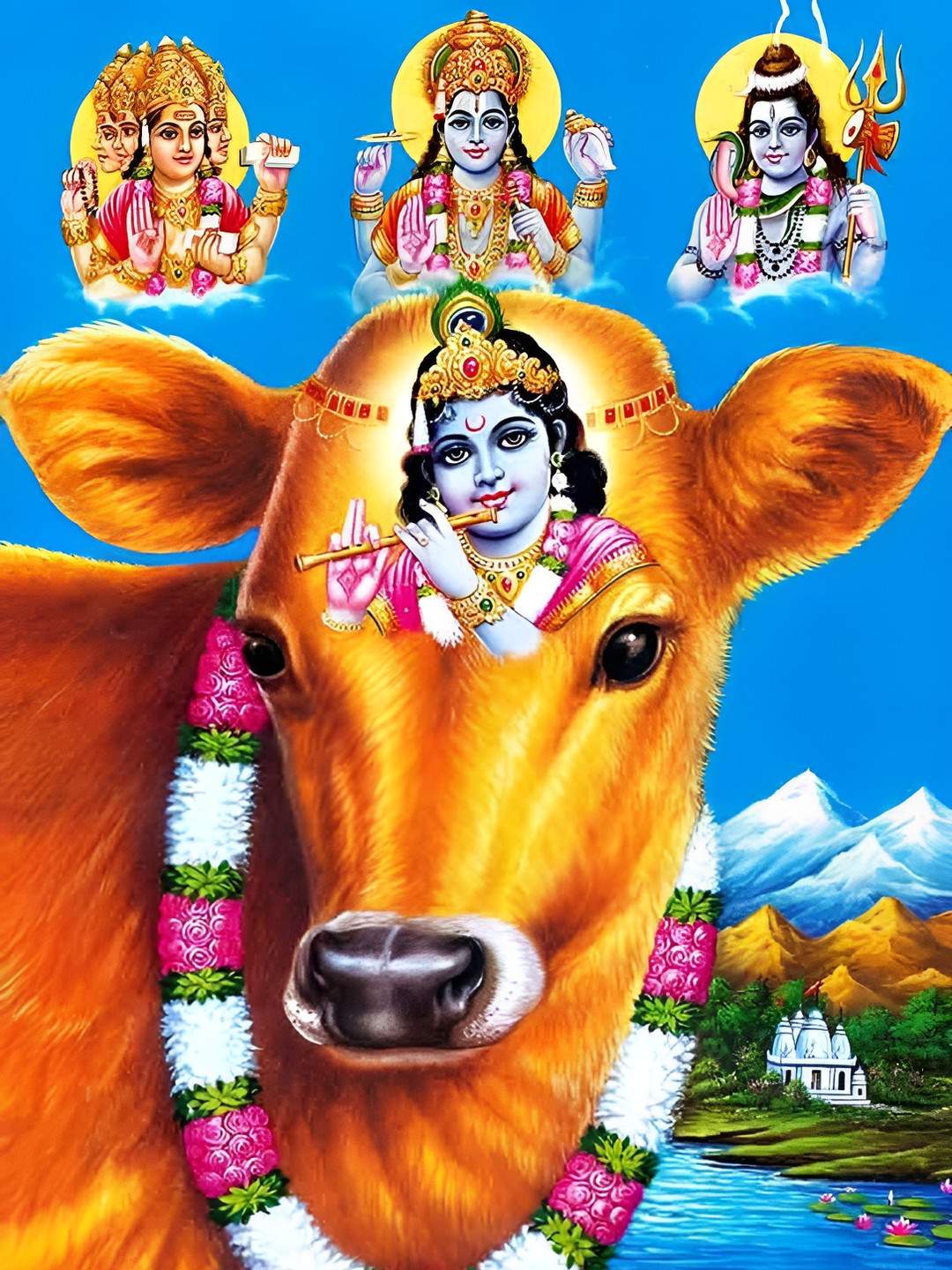British Terminal Orange & Blue Lord Krishna Religious Photograph Wall Art
