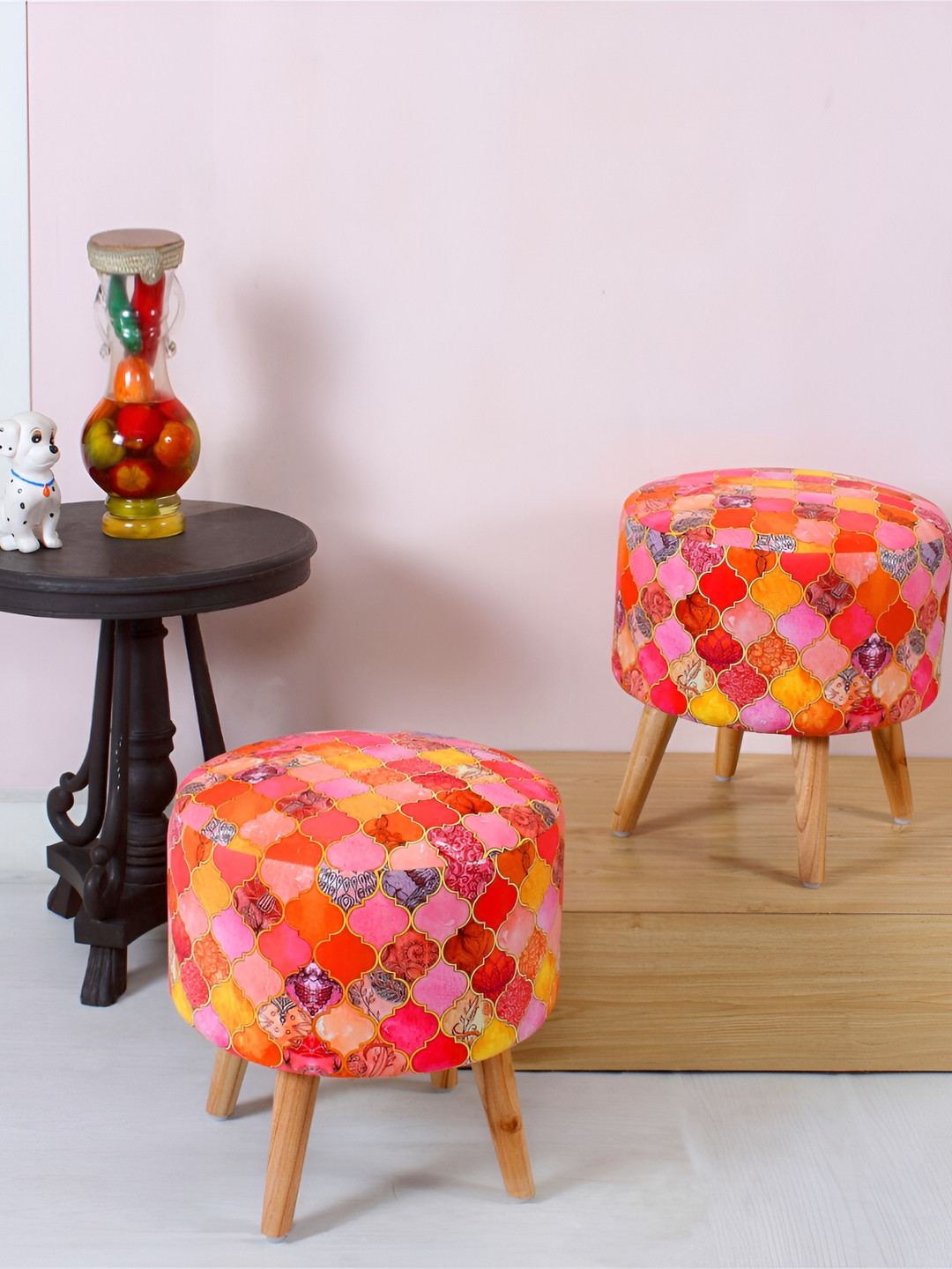 Shadowkart Orange Coloured & Pink Printed Wooden Round Pouffes Ottoman