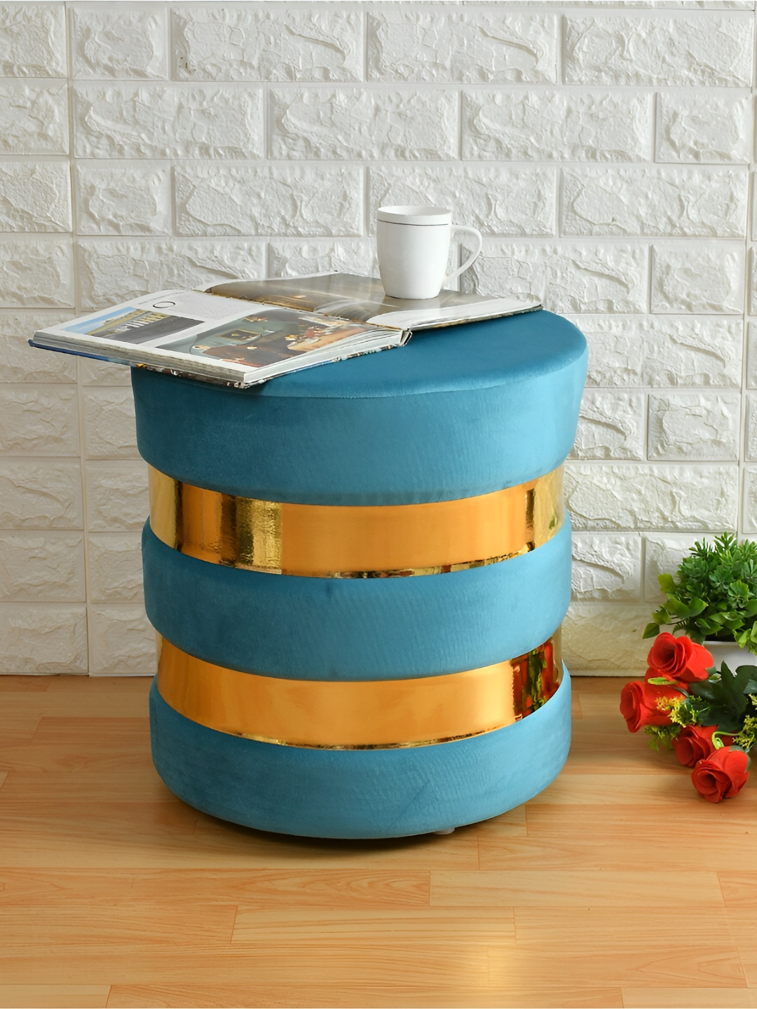Shadowkart Blue Wooden Round Ottoman