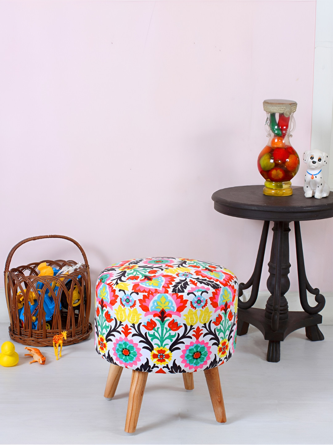 Shadowkart Blue & Yellow Printed Round Stool Ottoman